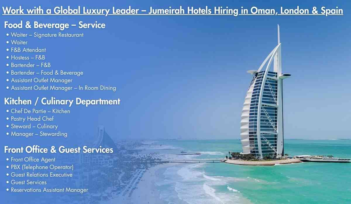 Work with a Global Luxury Leader – Jumeirah Hotels Hiring in Oman, London & Spain